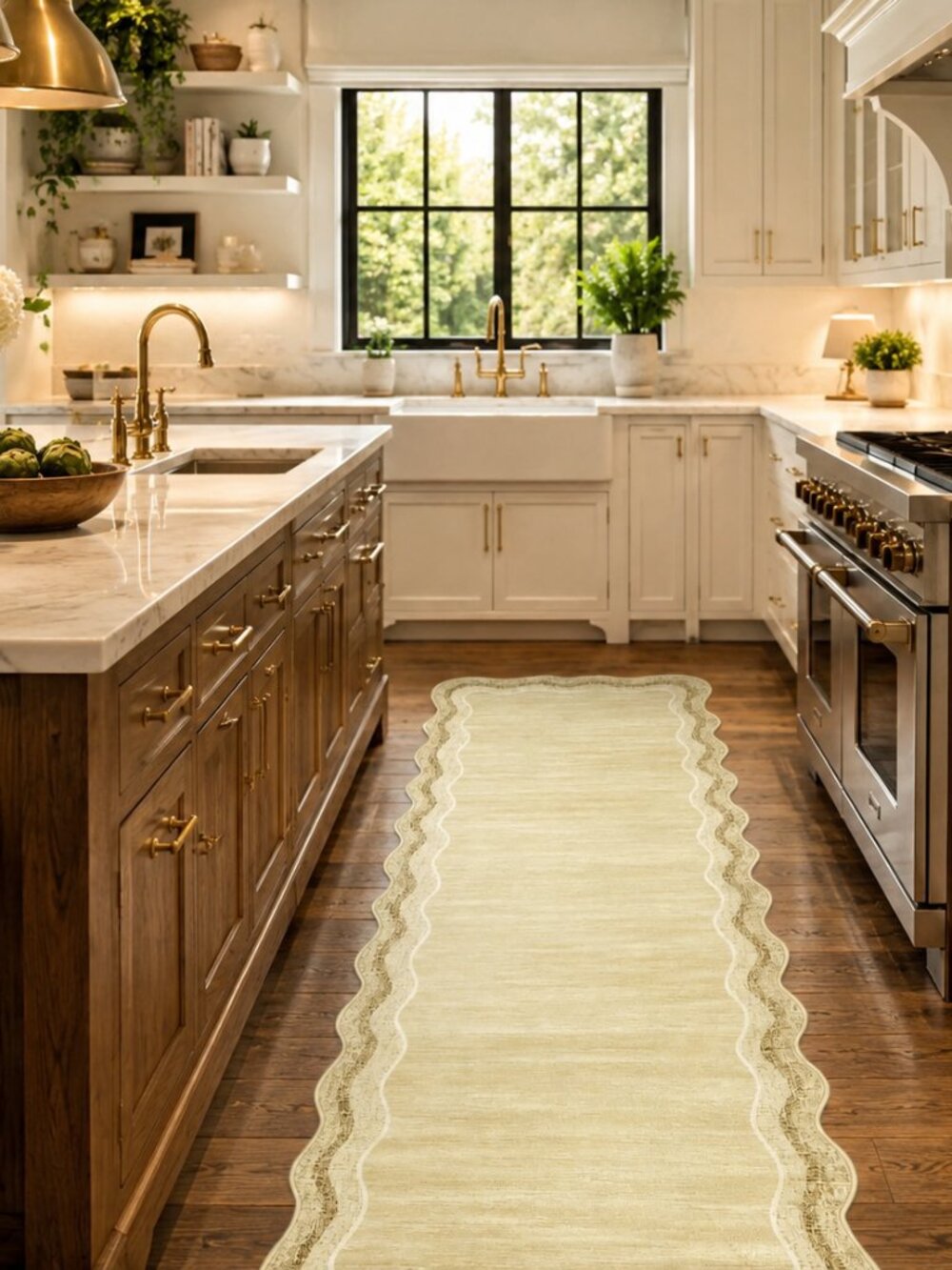 Scalloped Neutral Washable Rug Runner 2' x 6'